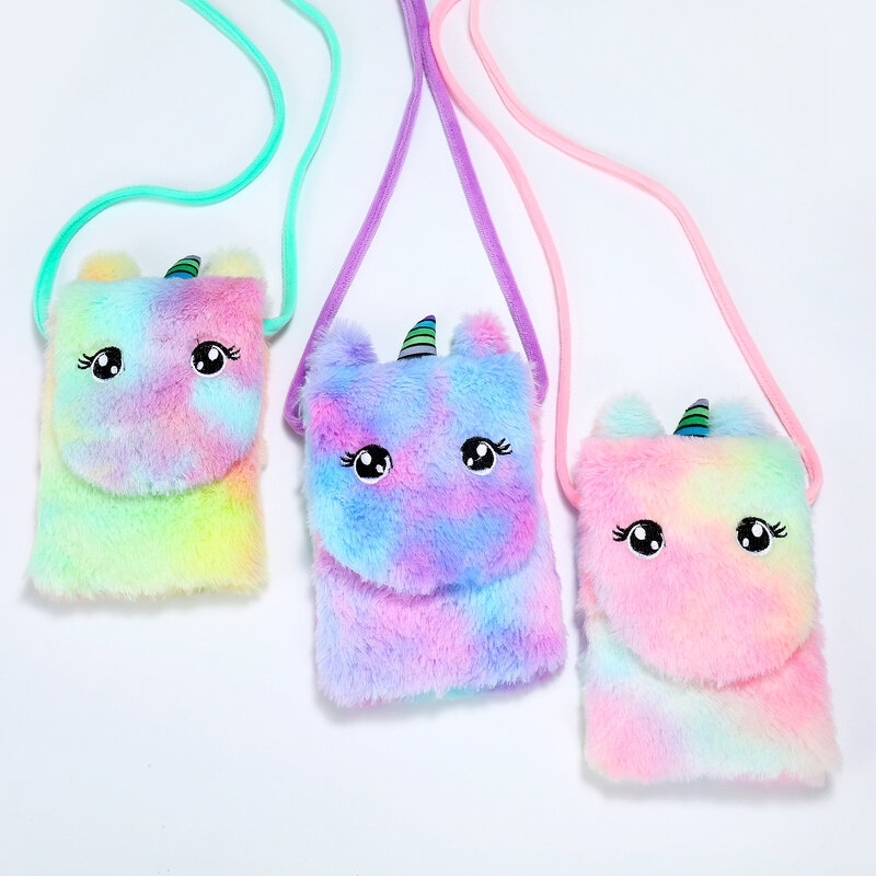 2022 Unicorn Plush Purse Bag Girl Preppy Style Plush Crossbody Bag for Phone Square Rainbow Purse Women Handbag Wallet
