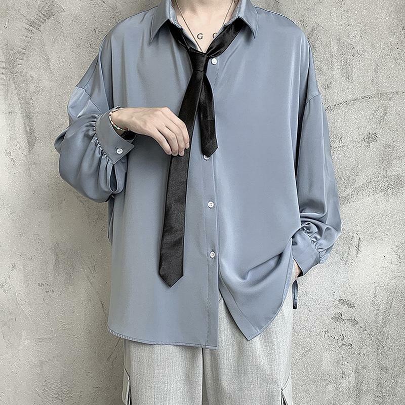 أسود طويل الأكمام قمصان الرجال الكورية البلوزات مريحة عادية فضفاض واحدة الصدر قميص مع التعادل