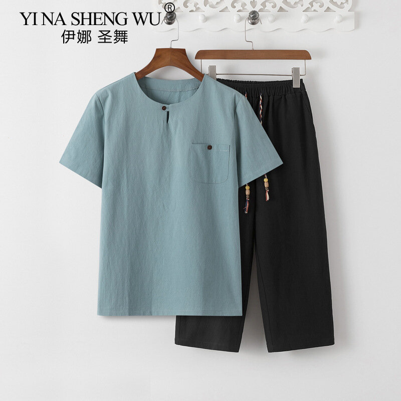 بدلة تانغ كلاسيكية على الطراز الصيني للرجال ، ملابس هانفو أحادية اللون ، كتان قطني ، مرقع ، مقاس كبير ، ملابس مطبوعة ، 5XL