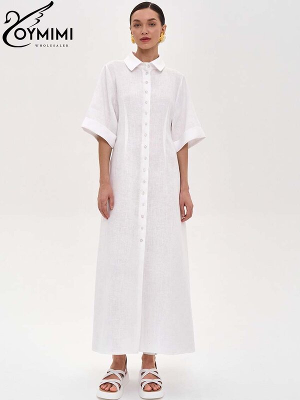 Oymimi-فستان نسائي أنيق بنصف كم بصف الصدر ، فساتين بطية صدر بيضاء ، فساتين كاجوال مستقيمة بطول الكاحل ، موضة نسائية