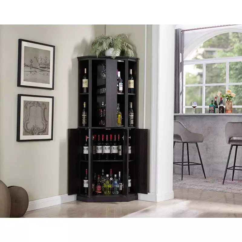 خزانة بار زاوية متعددة الاستخدامات مع تخزين نبيذ ، ارتفاع رف قابل للتعديل ، 6 زجاجات رف النبيذ ، رف ستيمواري ،