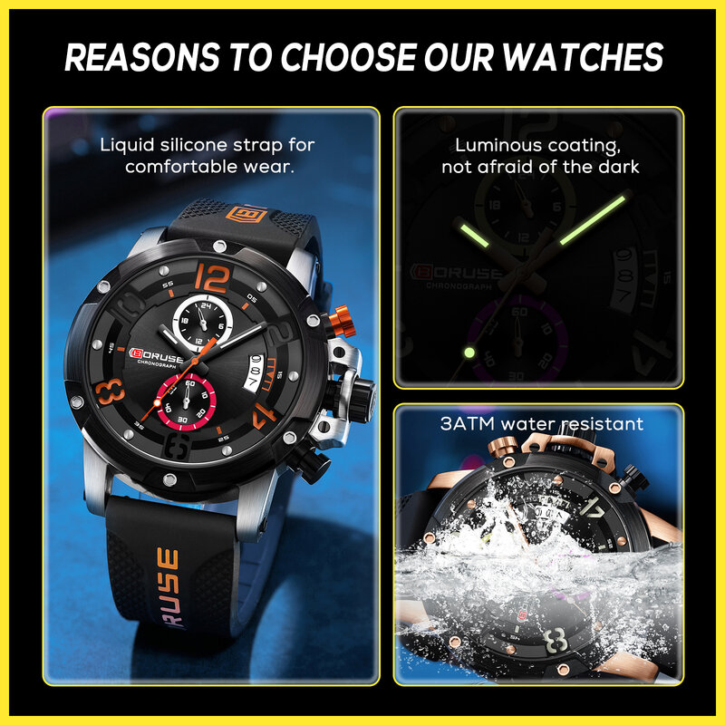 BORUSE-ساعة يد كوارتز فاخرة للرجال ، تصميم العلامة التجارية ، ساعات الوقت الأوتوماتيكية ، مقاومة للماء ، ساعة مضيئة