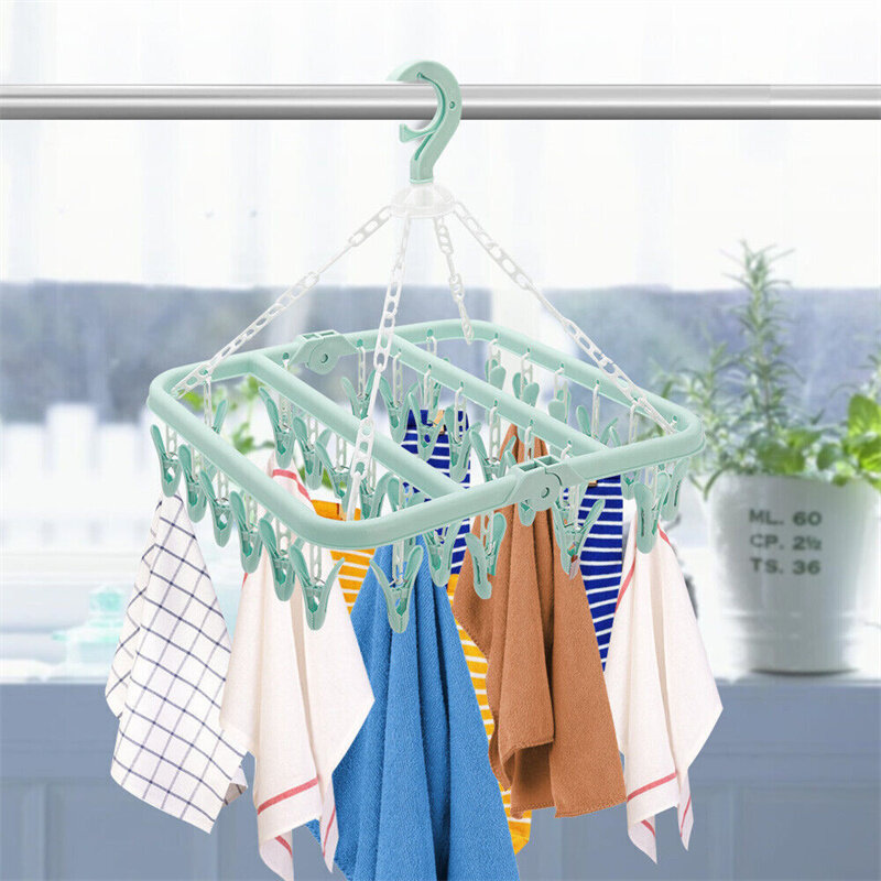 32 Peg Plastic Windproof Clothes Hanger Foldable Dryer Washing Line Airer Clothes Underwear Socks Pants Hanger Household Storage