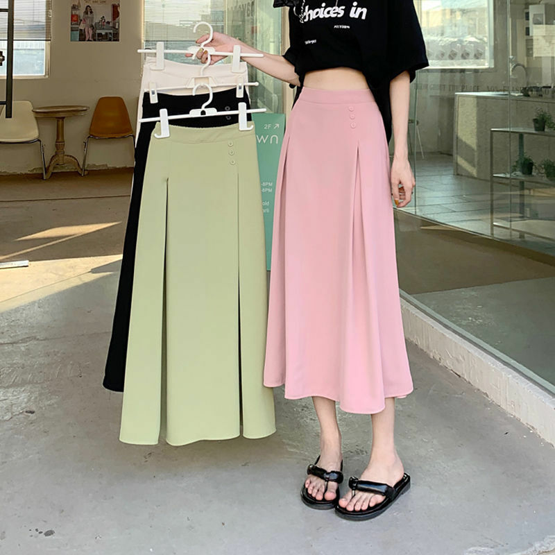 Elegant Long Skirt 2022 Summer Spring Korean  Solid Color Pleated Skirt for Women High Waist Elastic A-line Skirt Women Clothing