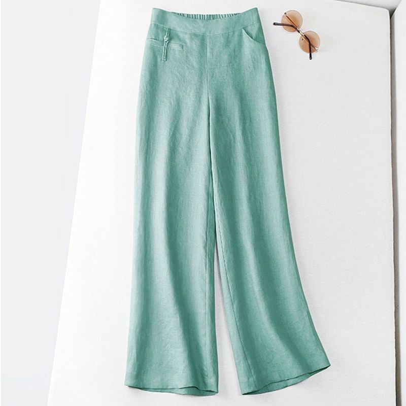 الصيف القطن الكتان واسعة الساق السراويل النساء الصلبة الألوان Trousers غير رسمية مرونة عالية الخصر Vintage فضفاض السراويل حجم كبير تمتد