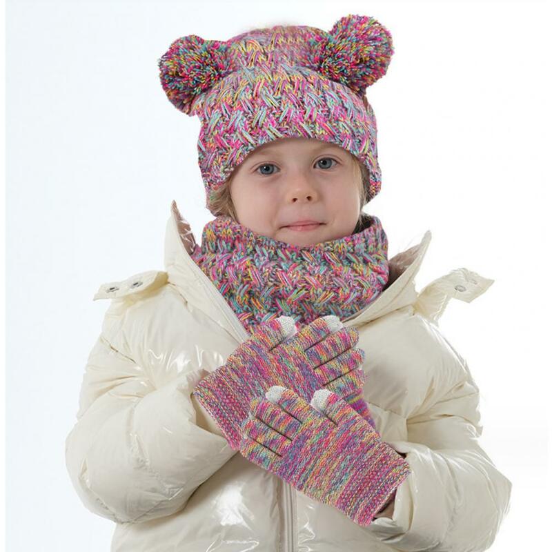 الاطفال الشتاء قبعة و قفازات وشاح مجموعة ، محبوك سميكة لينة الدافئة قبة أفخم الكرة ديكور ، الرقبة التفاف قبعة قفازات ، 1 Set