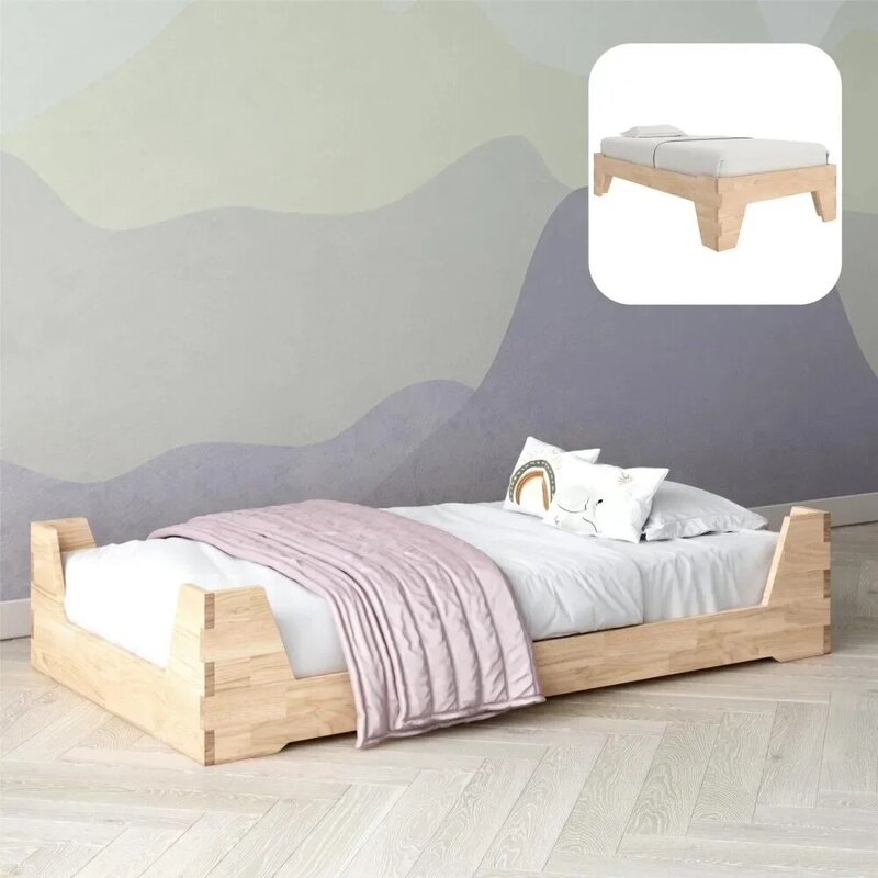 إطار سرير أرضية طفل مونتيسوري ، مافريك ، مرتفعان ، إطار سرير خشبي طبيعي