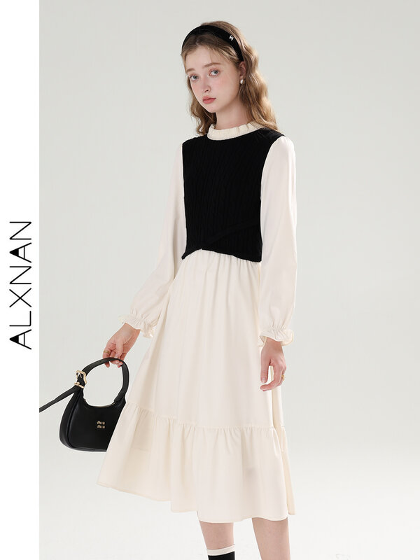 ALXNAN-فستان نسائي مكعبات اللون ، رقبة مستديرة ، أكمام طويلة ، ملابس أنيقة ، مرقع ، رقبة مستديرة ، فرنسي ، خريف ، T00906 ، تي 00906