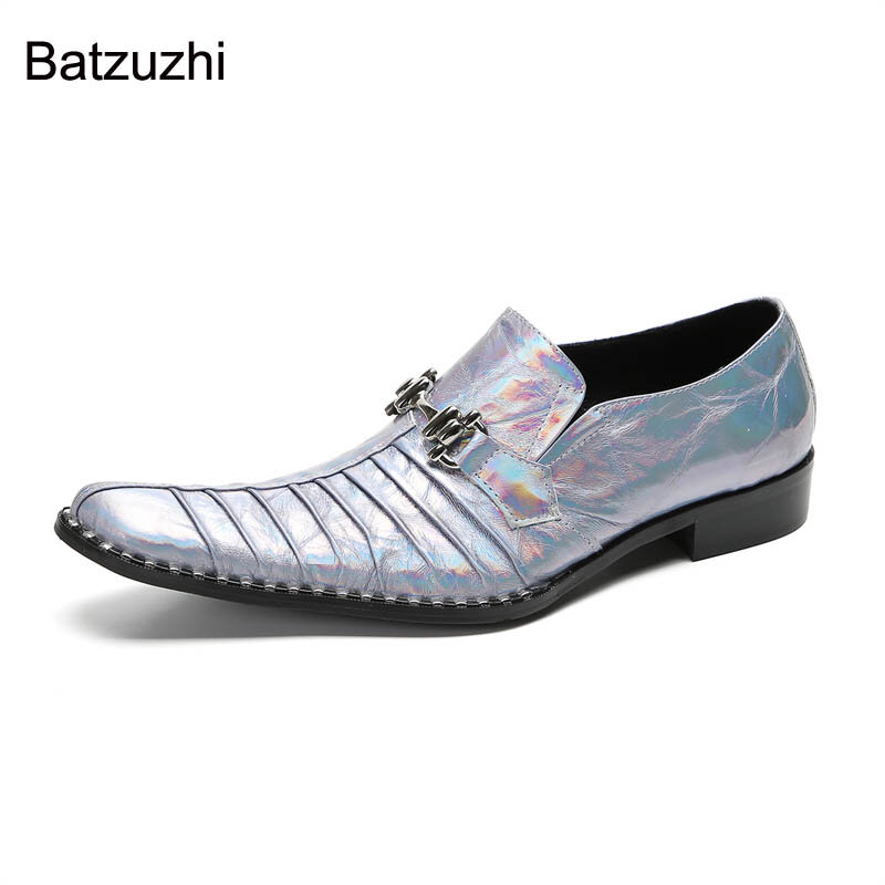 Batzuzhi الفاخرة الرجال الأحذية اليدوية Gneuine فستان جلد أحذية الرجال الانزلاق على الفضة الأعمال ، الحفلات ، أحذية الزفاف الرجال ، حجم كبير