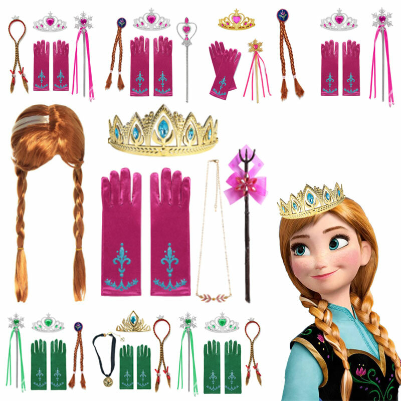 ديزني Frozen1/2 الاكسسوارات قفازات العصا تاج طقم مجوهرات شعر مستعار جديلة ل آنا إلسا الأميرة فستان الملابس تأثيري ملكة الثلج