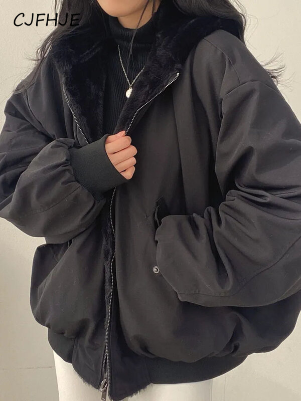CJFHJE-سترات قطنية دافئة سميكة للنساء ، معطف كبير الحجم ، والأزياء الكورية ، مزدوجة الوجهين ، أحادية اللون ، هاراجوكو ، سترة سستة ، ملابس الشارع ، الشتاء