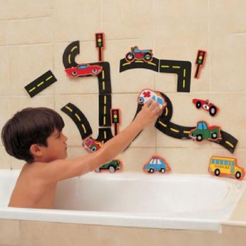 23Pcs Rail Traffic Vehicle Bath Toys Soft Kids Baby Bathroom Water Toys Early Educational Suction Up Bathing Toys for Children