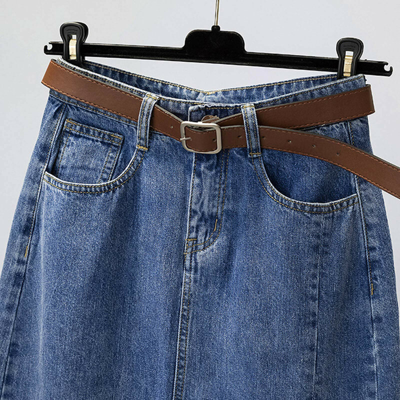 تنورة جينز نسائية تطريز عالي الخصر متوسط الطول ، فتحة تنحيف ، حقيبة ورك ، خط ، جديد ، الربيع والصيف