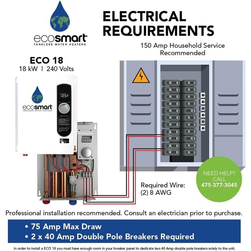 سخان مياه كهربائي بدون خزان ، Eco 18 ، 18 كيلو وات في فولت ، مع تقنية تعديل ذاتي براءة اختراع ، 17x14x3.5