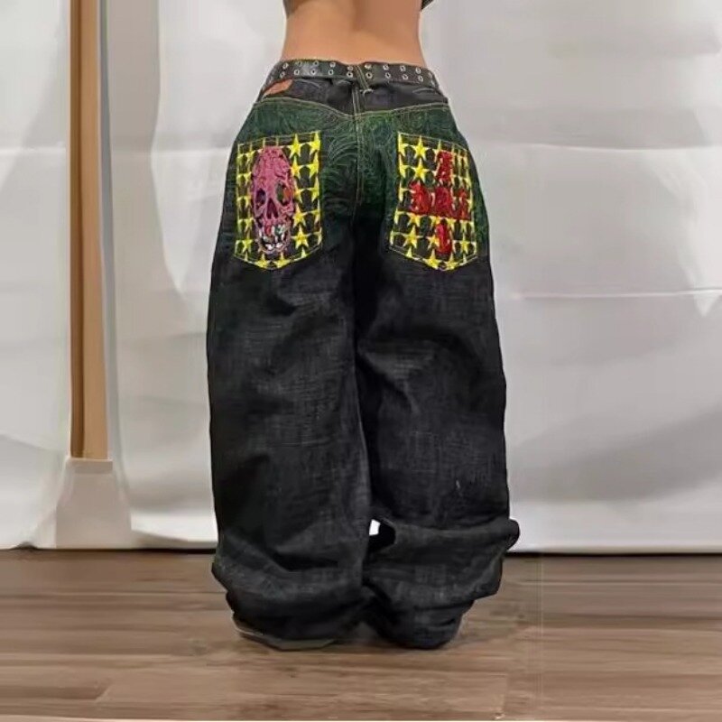 ديبتاون-أزياء نسائية كورية Y2K جينز هيب هوب للشارع ، طبعة قوطية للموت ، هاراجوكو كلاسيكي ، شارع مرتفع ، ساق واسعة ، خصر بنطال دينم