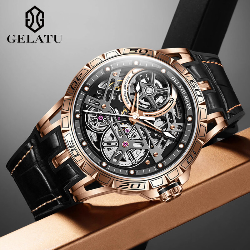 جيلاتو-ساعة ميكانيكية أوتوماتيكية للرجال ، حزام من الجلد الوردي ، ساعة يد مضيئة ، اتجاه أصلي ، علامة تجارية فاخرة
