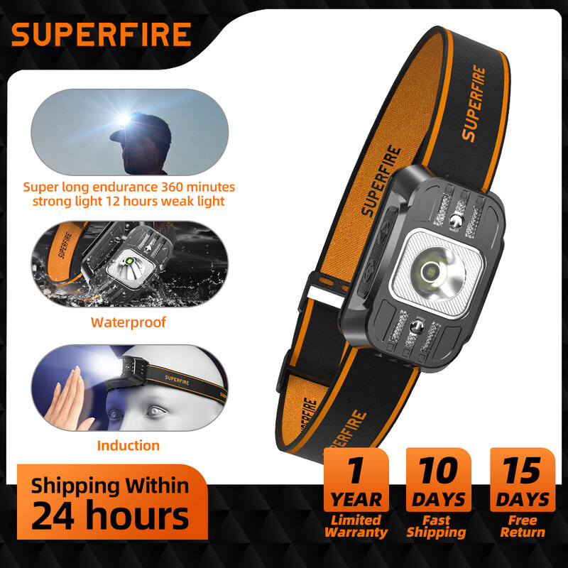 SUPERFIRE-كشاف LED صغير قابل لإعادة الشحن ، طاقة عالية ، ضوء مصباح الرأس ، مستشعر USB C ، ضوء أمامي للعمل وصيد الأسماك