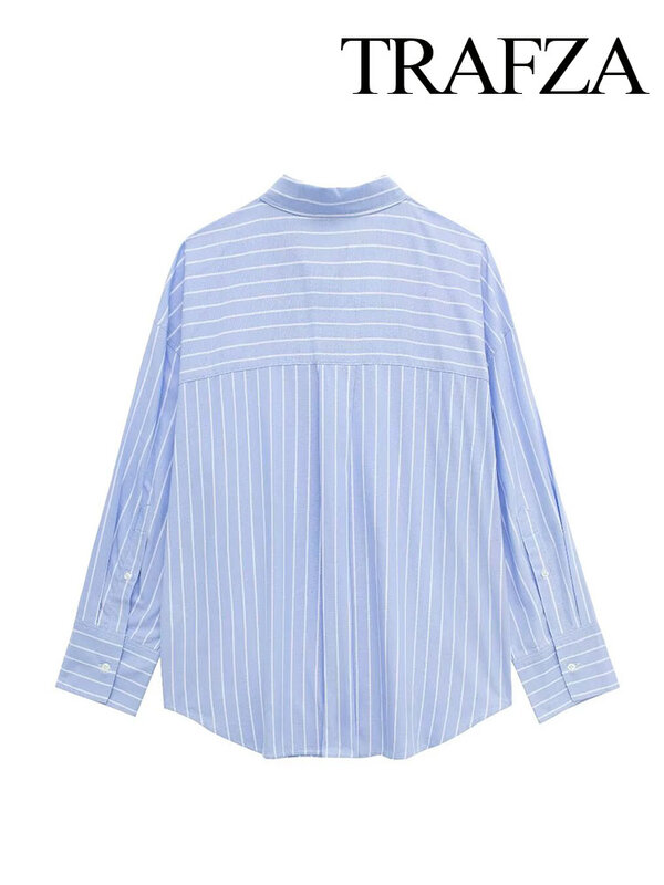 ترافزا-قميص نسائي أنيق مخطط أكسفورد بأكمام طويلة ، بلوزة بطية صدر كلاسيكية ، قميص غير رسمي ضيق ، ملابس شارع ، لونين ، جديد ، صيف