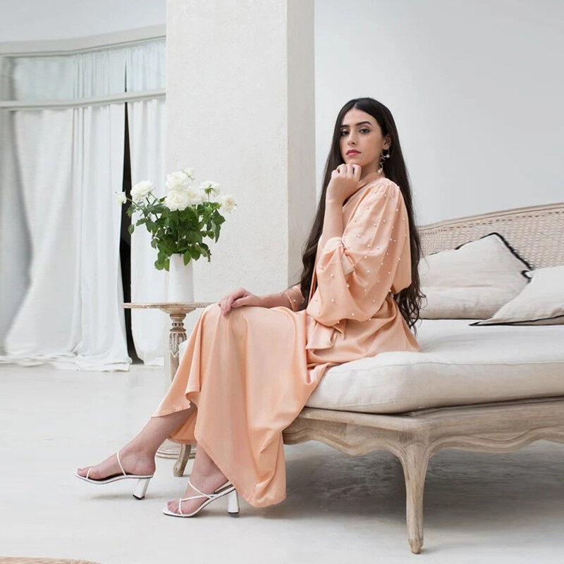 الشرق الأوسط دبي فساتين نسائية فاخرة الحرير اللؤلؤ كم طويل ربطة العنق فستان عالية الخصر سليم رداء حفلات 2023 خريف جديد