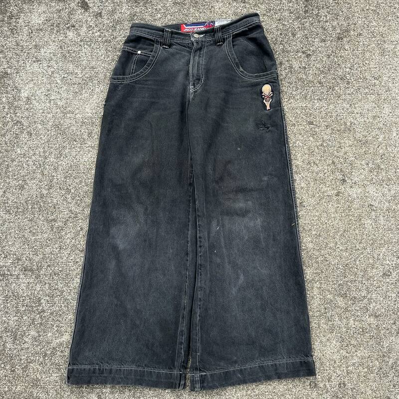 JNCO-Vintage بنطلون جينز فضفاض بطباعة جرافيك للرجال ، بنطلون جينز مطرز بجمجمة ، بنطلون عالي الخصر ، بنطلون واسع الساق ، ملابس الشارع Y2k