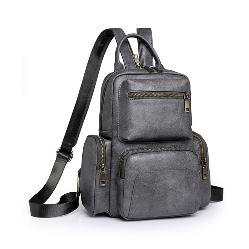 حقيبة ظهر نسائية من جلد البولي يوريثان حقيبة كتف عصرية مع جيوب متعددة على الصدر حقيبة مدرسية للاستخدام في الهواء الطلق