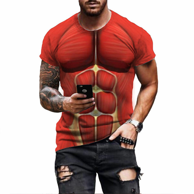 2022 الرجال الموضة قصيرة الأكمام الهيب هوب مضحك العضلات نمط ثلاثية الأبعاد الطباعة تي شيرت الصيف العصرية المحملة القمم