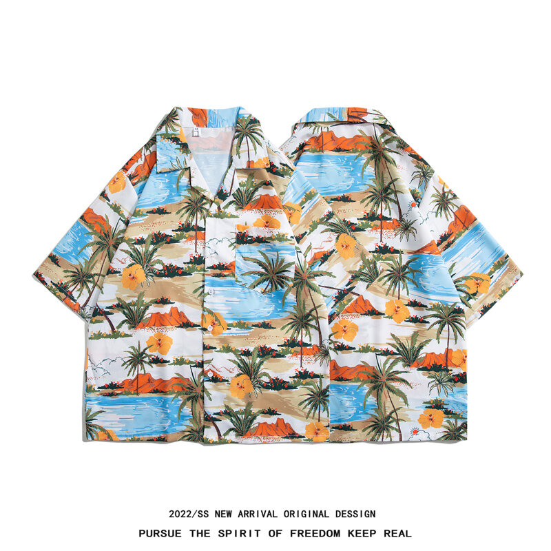 الصيف جوز الهند قميص الرجال Harajuku المتضخم قصيرة الأكمام قميص للرجال هاواي طباعة زهرة قميص هندسي الشارع الشهير المحملة القمم