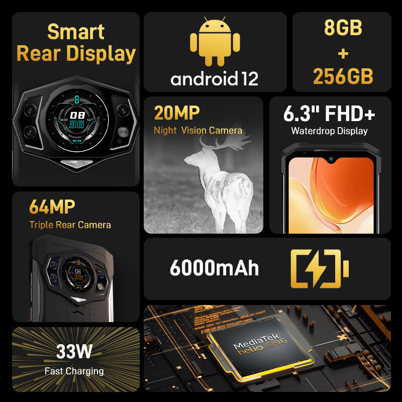 هاتف DOOGEE S98 هاتف قوي بشاشة 6.3 بوصة LCD FHD شاشة عرض مزدوجة خلفي G96 ثماني النواة 8 + 256GB كاميرا 64MP هاتف ذكي 6000mAh