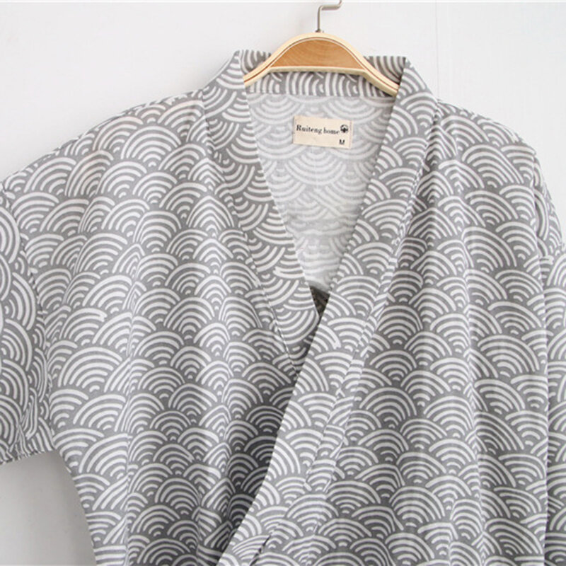 رداء الحمام الكلاسيكي النمط الياباني للرجال ، Yukata ، طويلة الأكمام ، موجة طباعة ملابس خاصة ، رداء النوم مريحة ، منامة القطن