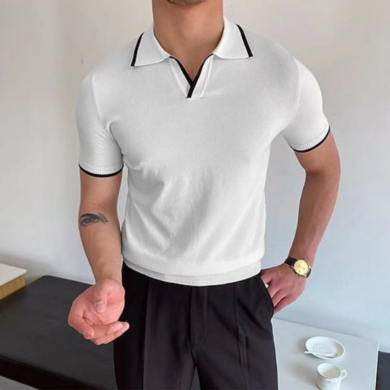 قميص بولو رجالي بسيط بألواح ، مرقع بطية صدر ، بأكمام قصيرة متعددة الاستخدامات ، توب مرن ضيق ، موضة غير رسمية ، جديد ، صيفي