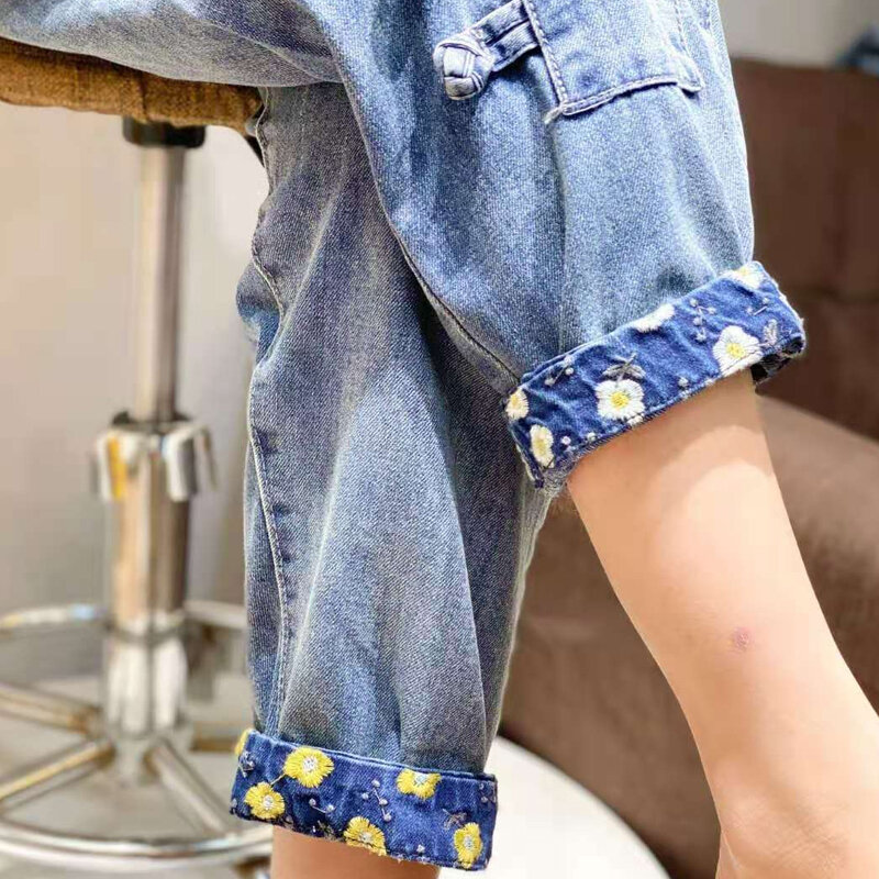 الربيع الصيف النساء جديد صغير الأزهار المطبوعة الجينز الأزرق شخصية تصميم الدنيم السراويل مرونة الخصر Trousers غير رسمية بنطلون