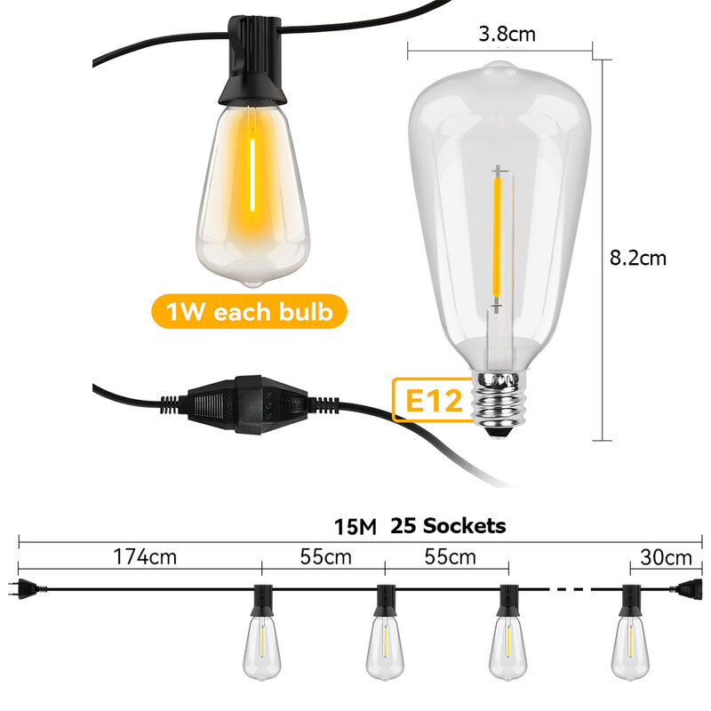 ST38 أضواء سلسلة LED مقاومة للماء ، ضوء الفناء ، في الهواء الطلق ، ضوء خرافي ، ديكور الزفاف ، حديقة ، مقهى ، Backya ، 10m ، 15m ، 30m