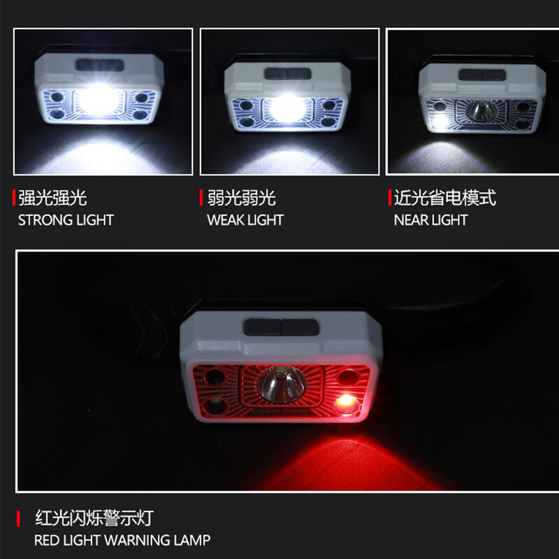 المحمولة الاستشعار LED كشافات USB شحن التعريفي العلوي المدمج في 18650 رئيس مصباح يدوي الأحمر تحذير أضواء الصيد في الهواء الطلق
