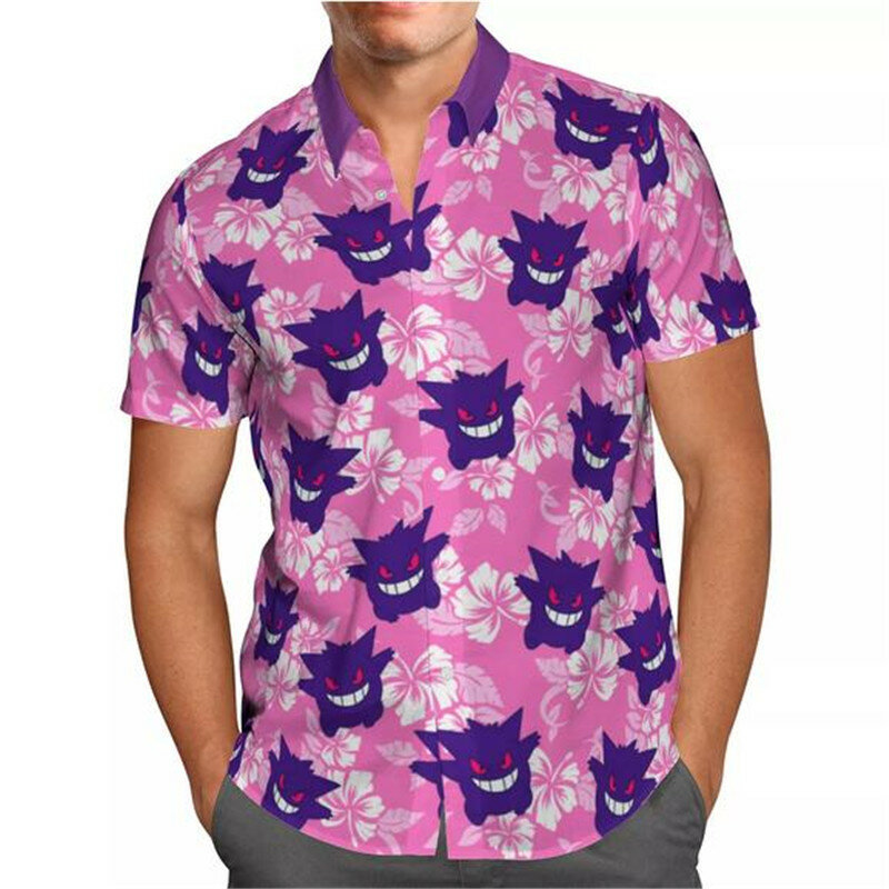 الأحمر الكرتون أنيمي ثلاثية الأبعاد طباعة شاطئ قميص هاواي صيفي الصيف قصيرة الأكمام قميص الشارع الشهير المتضخم قميص أوم Camisa Masculina