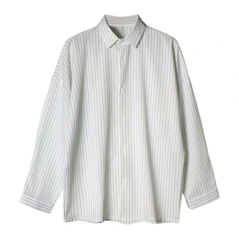 الرجال النمط الياباني قميص مخطط ، بدوره إلى أسفل طوق ، تصميم واحدة الصدر ، لباس طويل غير رسمي ، الخريف والربيع