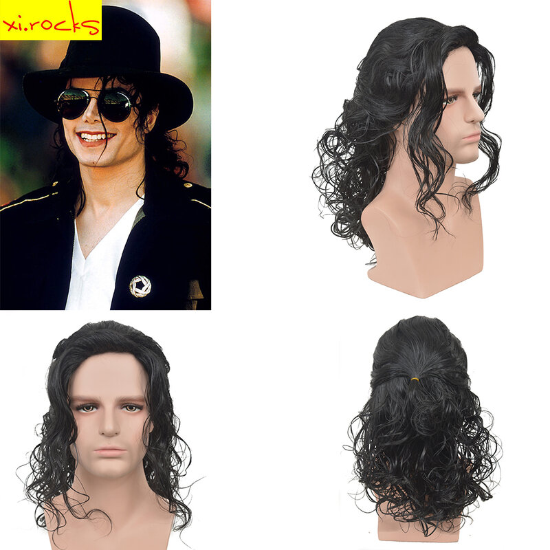 شي روكس AD3499 مايكل جاكسون تأثيري شعر مستعار أسود اللون مايكل دور اللعب متوسطة طويلة مجعد الشعر هالوين كوس الباروكات