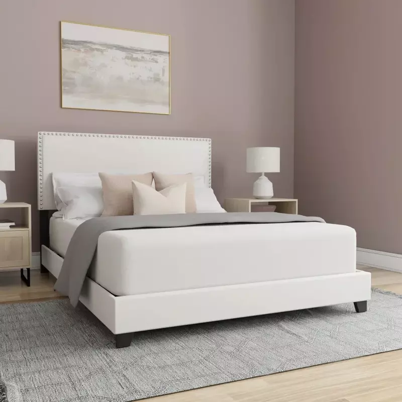 قاعدة سرير من الجلد الصناعي الأبيض ، سرير منجد من خشب الصفصاف ، سرير بحجم كوين