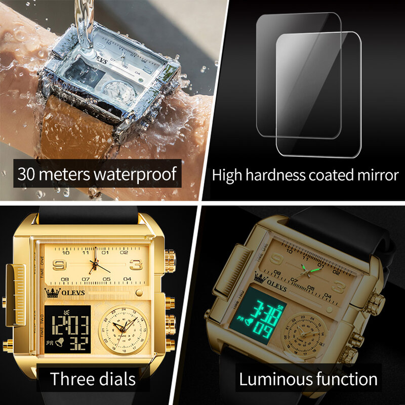 ساعة أوليف كوارتز للرجال ، حزام جلدي ، مقاومة للماء ، رياضة ليد ، ساعات رقمية ، تصميم 3 مرة ، علامة تجارية للأزياء