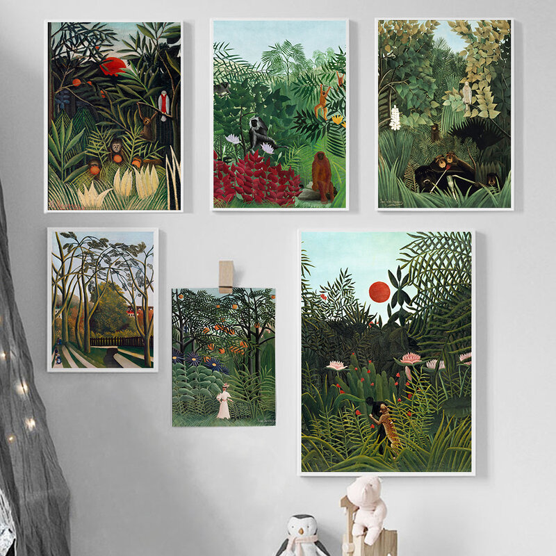 لوحة فنية للحائط من Henri Rousseau مُزينة بصور وديكور لغرفة المعيشة مُزينة برسم قديم على شكل غابة مطيرة