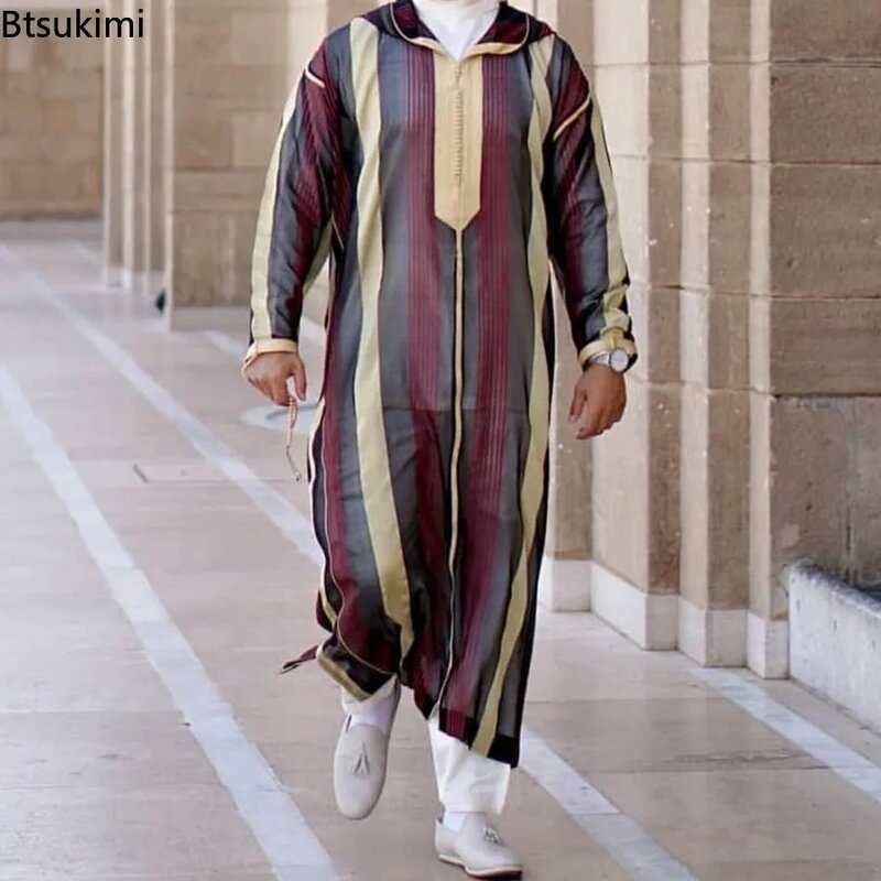 ملابس رجالية إسلامية جديدة من Jubba Thobe قلنسوة رجالية لربيع وخريف رمضان عباية دبي تركيا ملابس إسلامية رجالية فضفاضة غير رسمية شريط أحمر