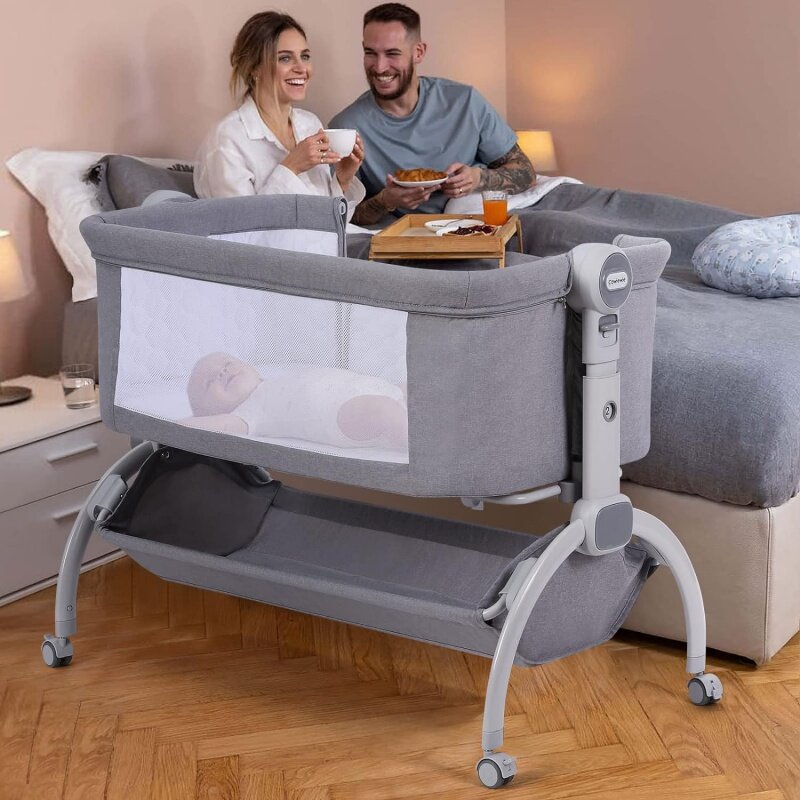 سرير أطفال مع عجلات عالمية ، سرير للنوم المشترك للفرامل ، سرير مع مخزن ، قفل مزدوج ، تصميم براءة اختراع ، 7 مستويات ساعة