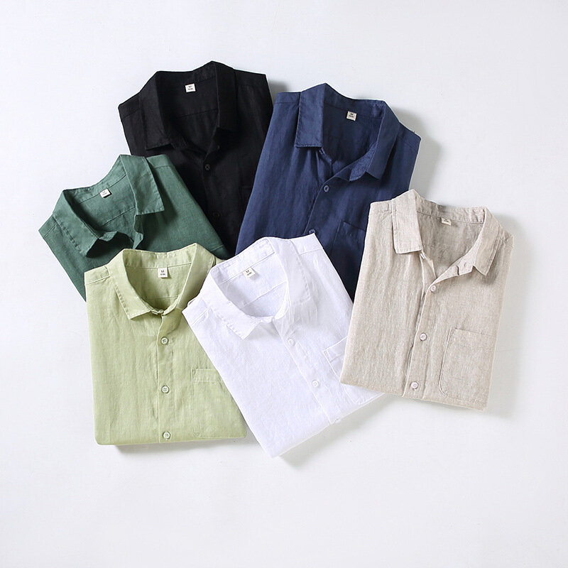 قميص كتان بأكمام قصيرة للرجال ، سترة فضفاضة مع جيب ، على الطراز الصيني ، للأعمال والترفيه في منتصف العمر ، الصيف