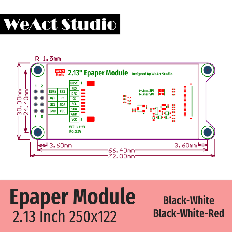 WeAct 2.9 ''2.13" 2.9 2.13 بوصة Epaper وحدة E-paper E-Ink EInk شاشة عرض SPI أسود-أبيض أسود-أبيض-أحمر