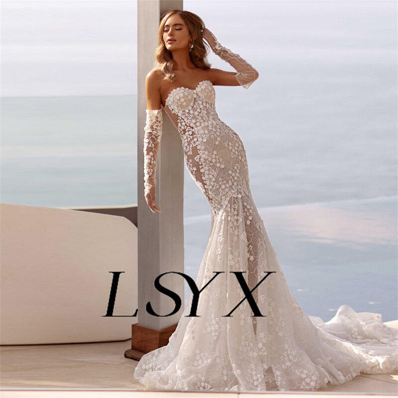 LSYX-حمالة الوهم الزهور تول حورية البحر فستان الزفاف ، يزين ، طول الأرض ، مخصص ، أنيقة ، مفتوحة الظهر ، ثوب الزفاف