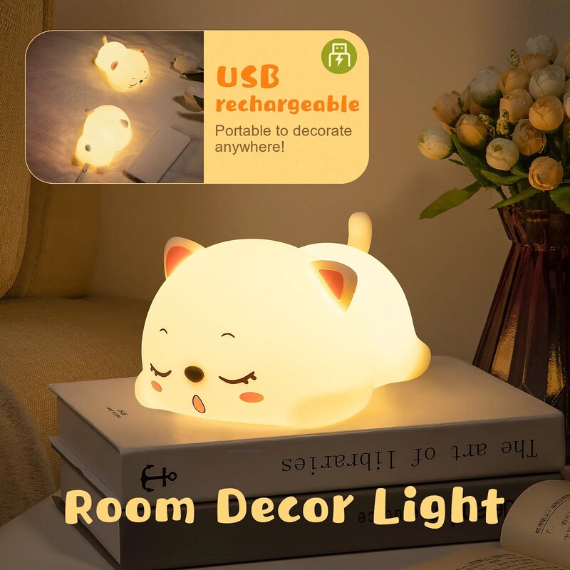 القط LED ليلة ضوء اللمس الاستشعار التحكم عن بعد الملونة سيليكون USB قابلة للشحن نوم السرير مصباح للأطفال الطفل هدية