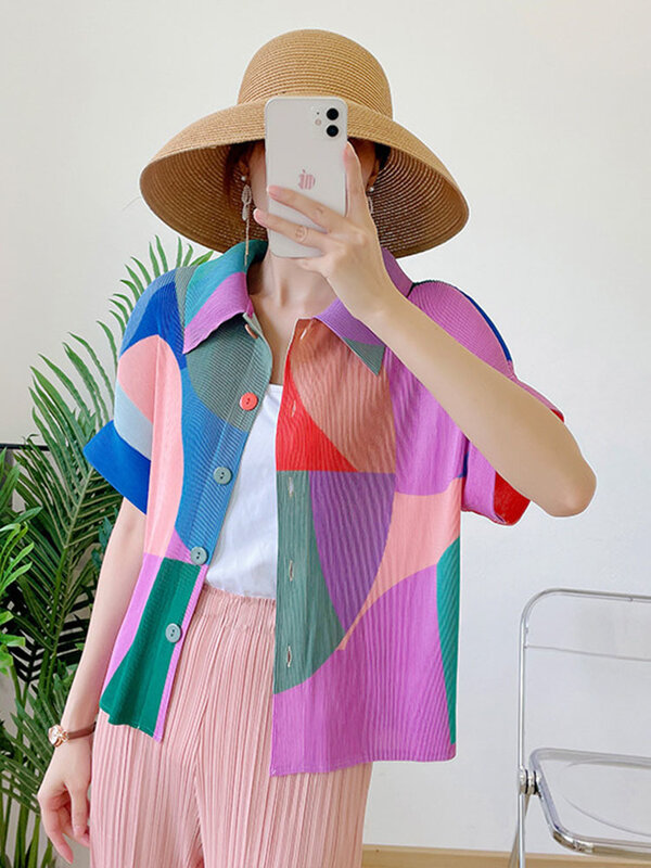 لانمري ريم-لون واحد من الصدر قمصان للنساء ، طية صدر قصيرة الأكمام ، قمة أنيقة مطوية ، ملابس نسائية ، الصيف ، 2R3553 ،!