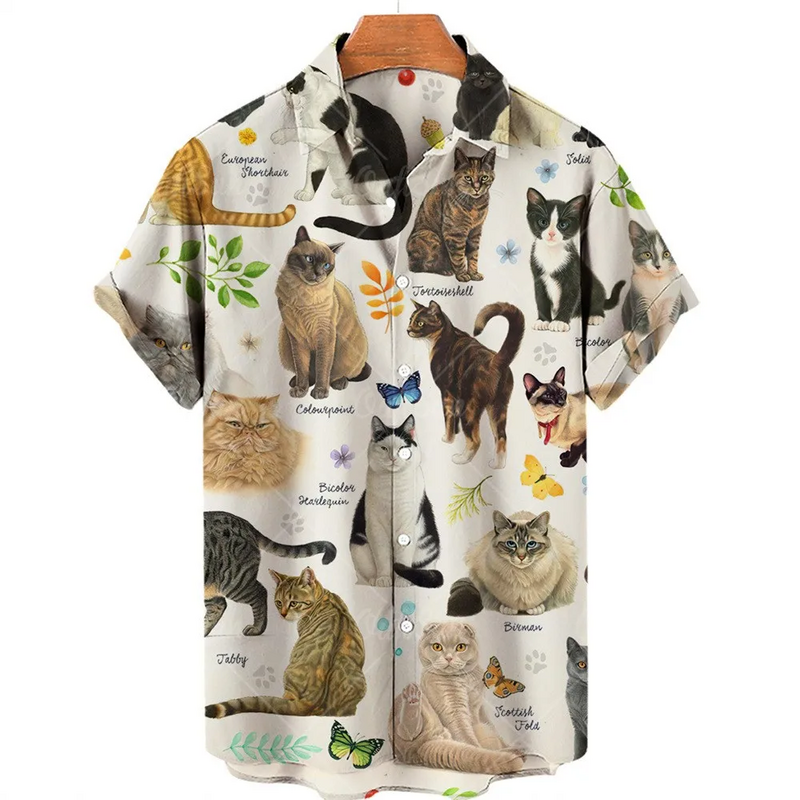 الرجال هاواي الحيوان القط طية صدر السترة قميص ، عارضة مريحة ملابس قصيرة الأكمام ، الصيف