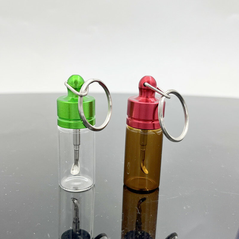زجاج زجاجة خبأ جرة مطحنة مع ملعقة معدنية إكسسوارات كسارة التخزين مع سلسلة المفاتيح لون عشوائي