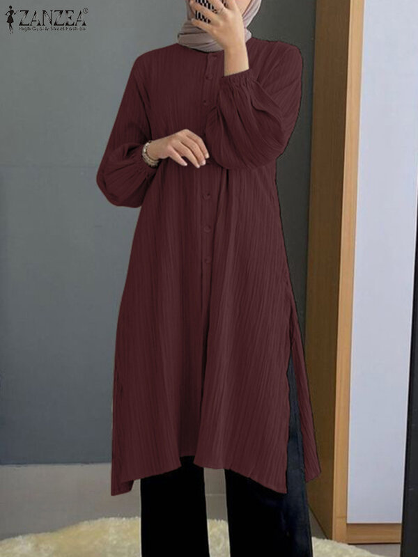 ZANZEA-بلوزة أحادية اللون بأكمام طويلة للنساء ، قميص بحاشية منقسمة ، ملابس إسلامية ، قطع علوية أنيقة للعمل ، حفلة العيد ، موضة الخريف