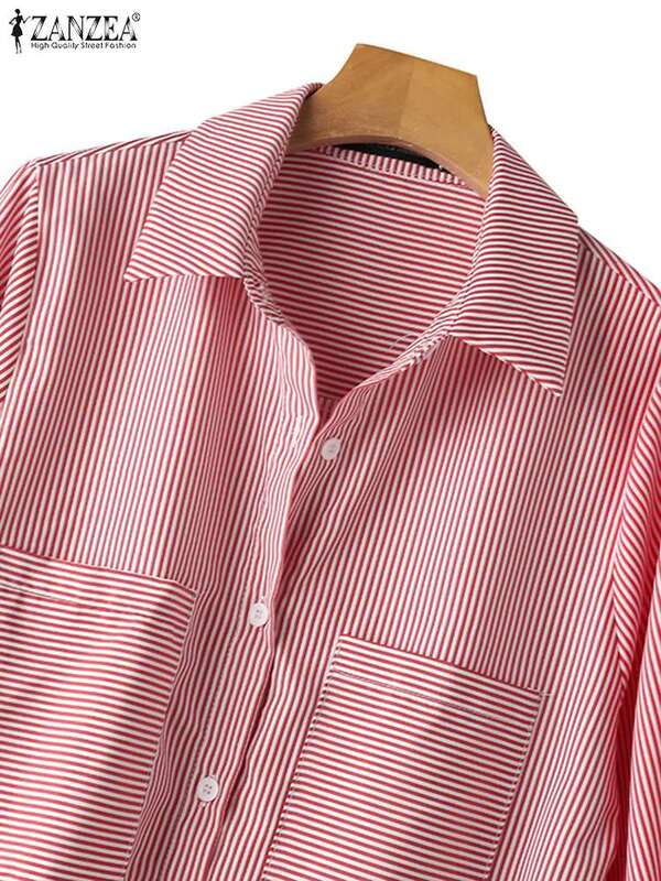 ZANZEA-قمصان نسائية غير رسمية مخططة بأكمام فانوس ، بلوزة بأزرار كم ، بلوزة صيفية للمكتب للسيدات بطية صدر كبيرة الحجم ، الموضة ،
